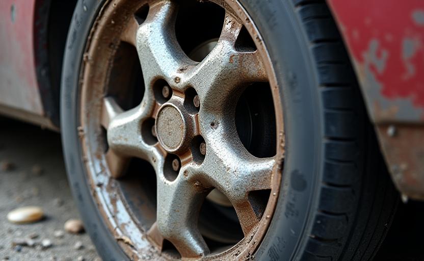 A close-up of a curb-rashed and corroded aluminum wheel.
